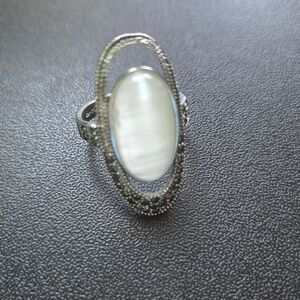 Silver Tone Oval Ring with White Stone